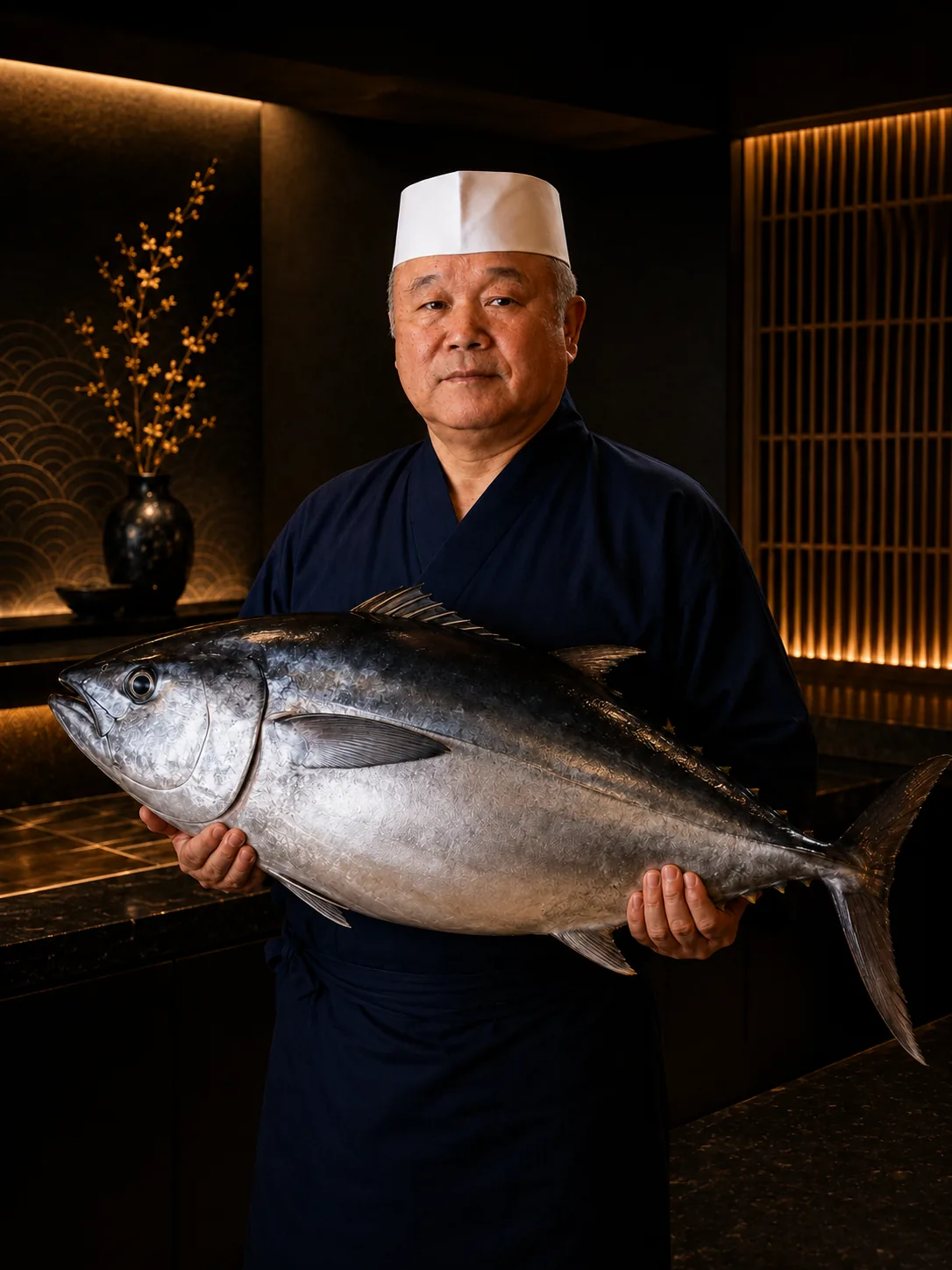 The chef of Sakana holding a whole bluefin tuna